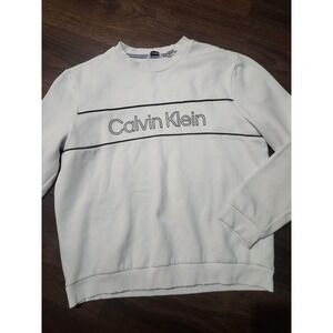 Calvin Klein Sweatshirt Mens Large White Crew Neck Logo Graphic Fleece Pullover